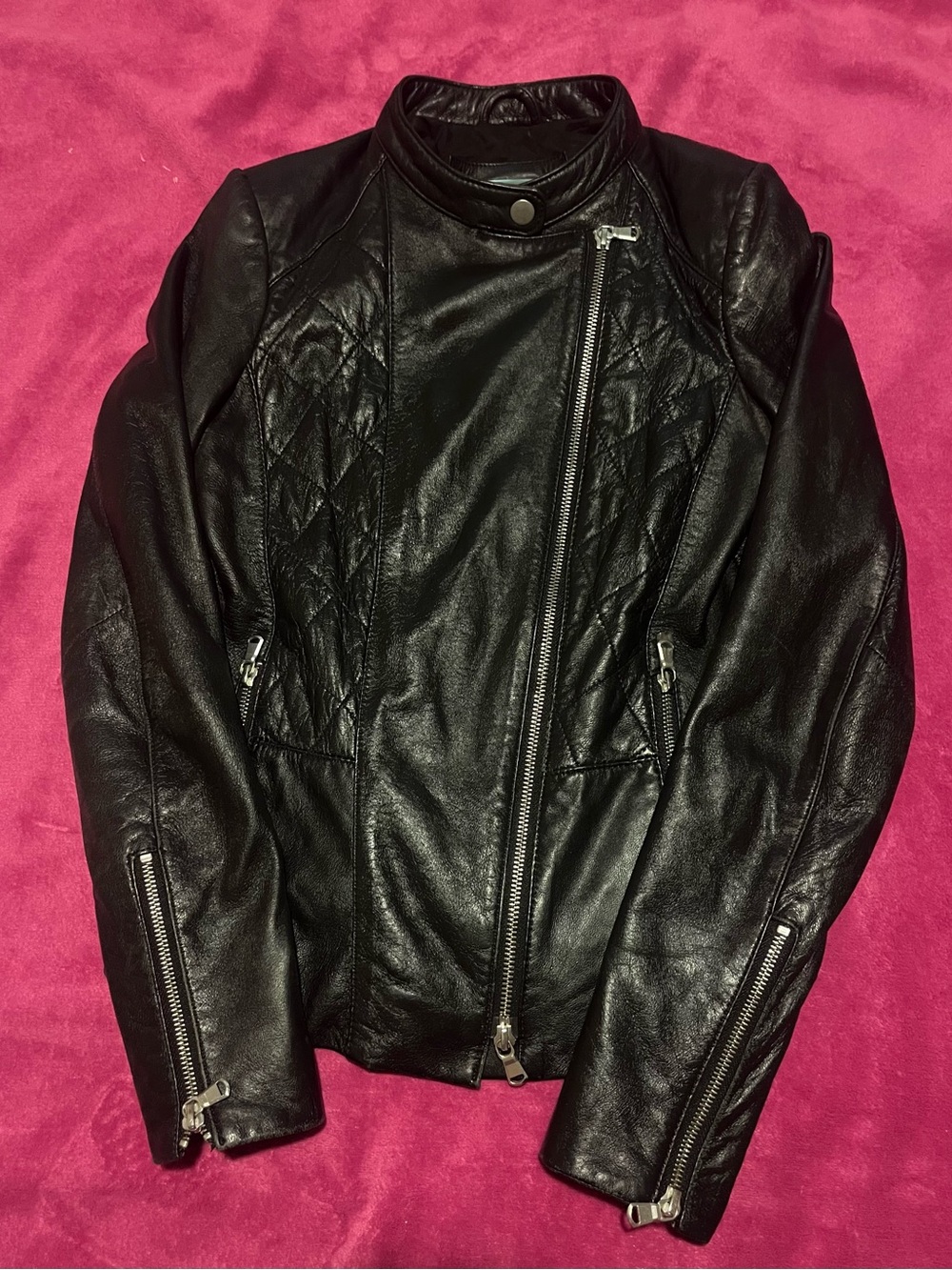 Danier Black Quilted Asymmetrical Leather Moto Jacket